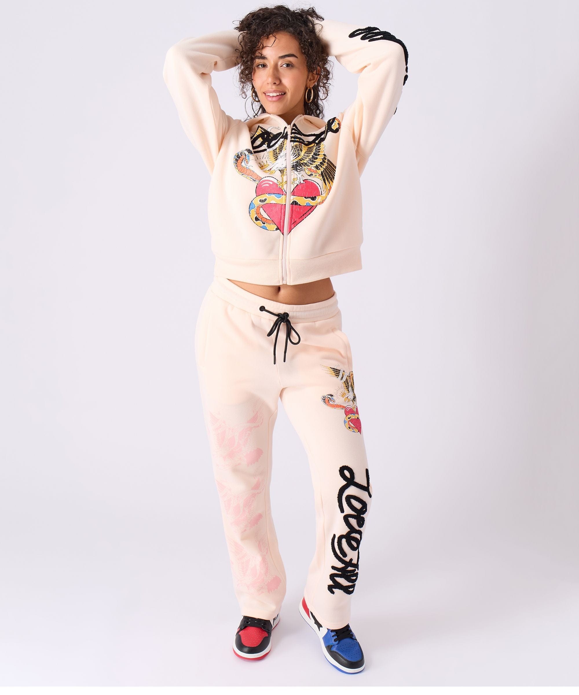 Women Love All Embroidered Cropped Hoodie - Pink