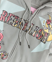 Plus Size Women Rebellion Cropped Zip Up Hoodie - Grey