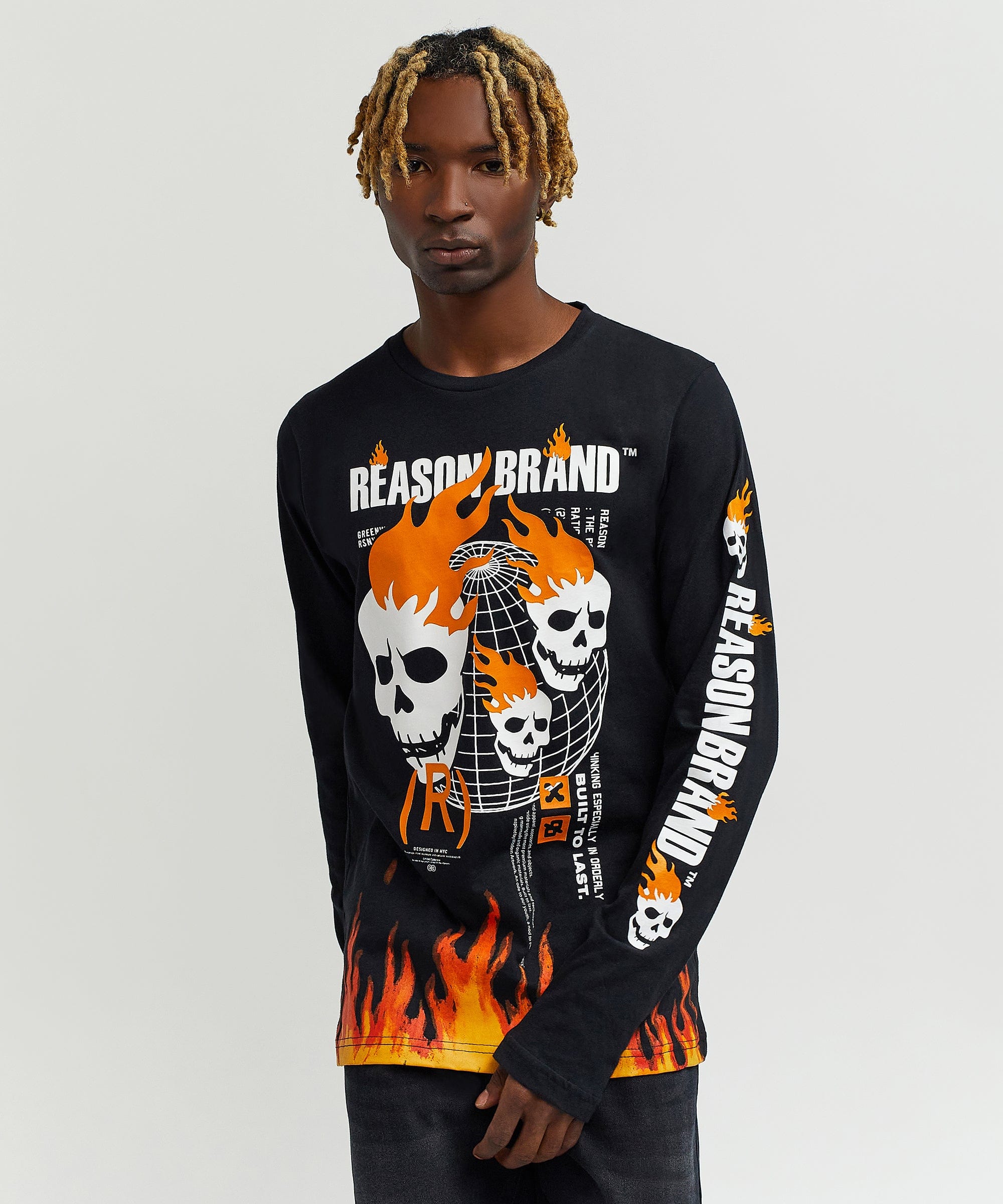 Brad Skull Flame Placement Print Long Sleeve Tee