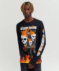 Brad Skull Flame Placement Print Long Sleeve Tee