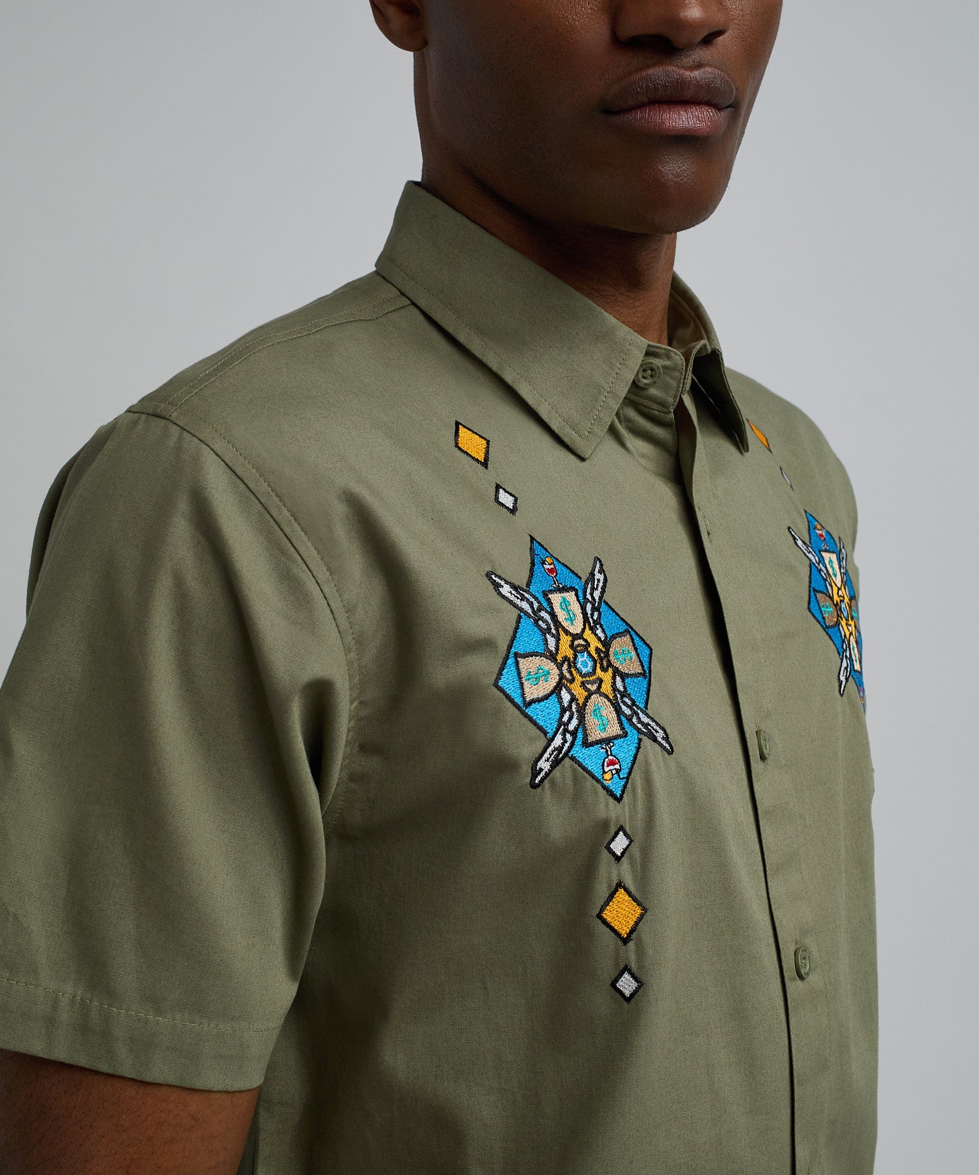 Zona Embroidery Cuban Short Sleeve Shirt - Olive Green