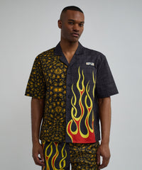 Cheetah And Flames Split Woven Short Sleeve Shirt