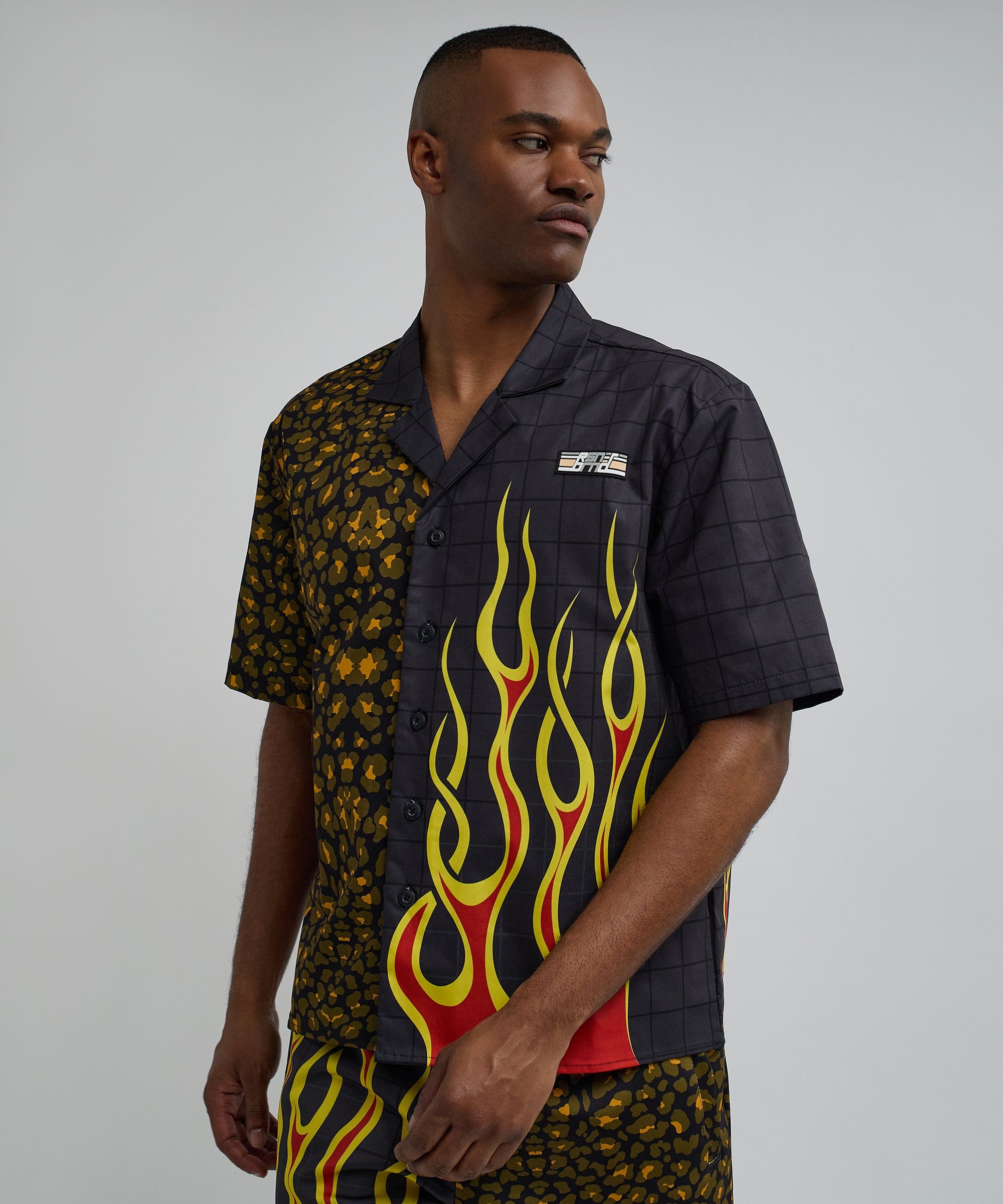 Cheetah And Flames Split Woven Short Sleeve Shirt