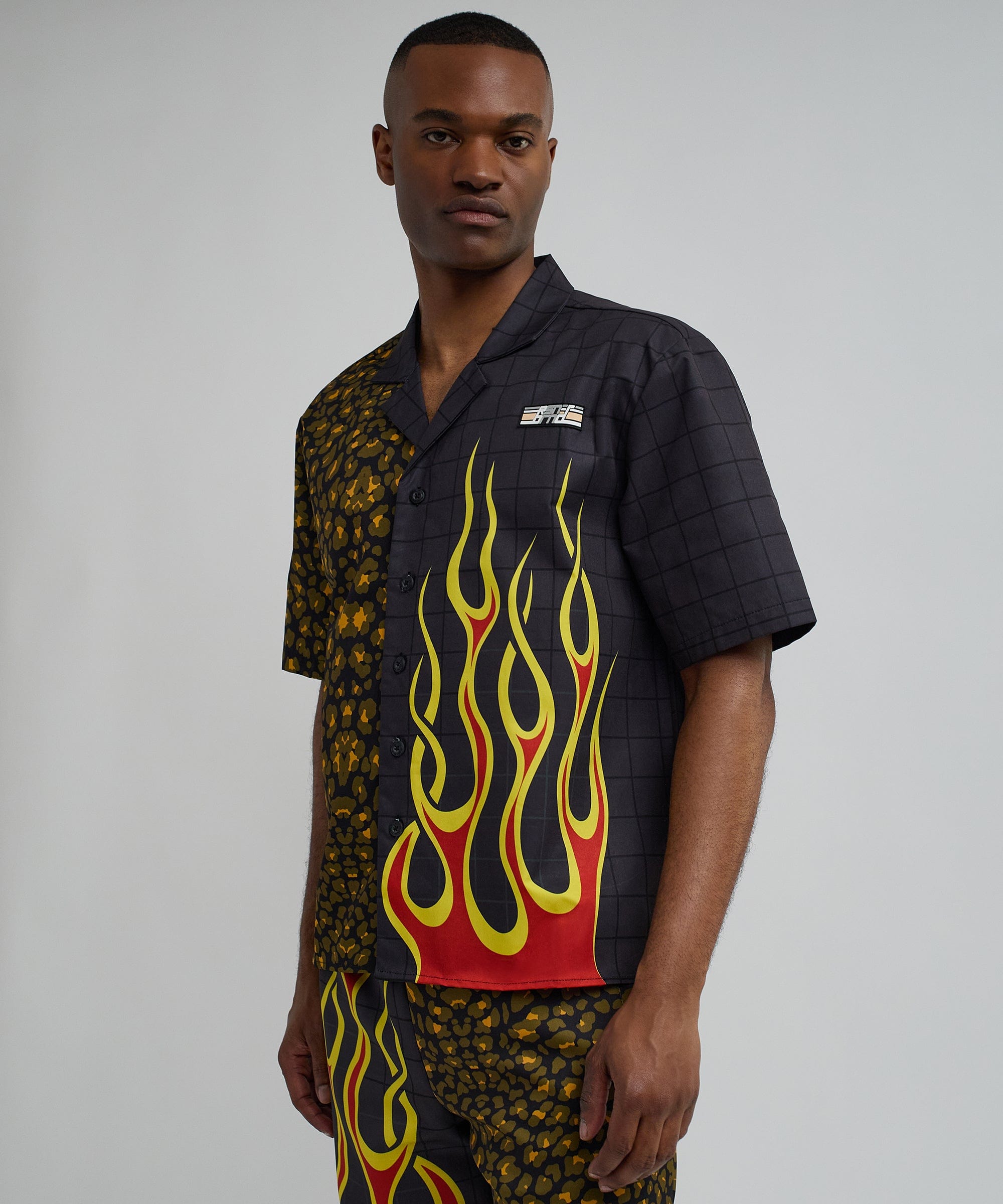 Cheetah And Flames Split Woven Short Sleeve Shirt
