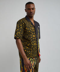 Cheetah And Flames Split Woven Short Sleeve Shirt