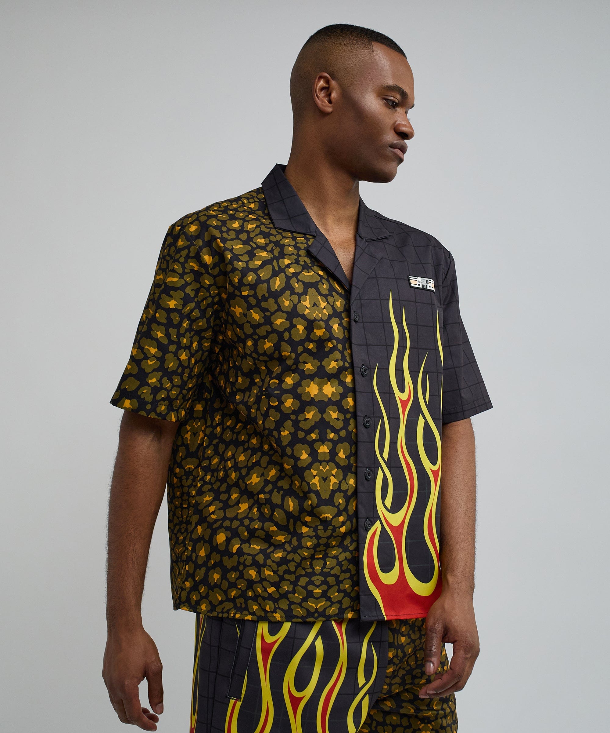 Cheetah And Flames Split Woven Short Sleeve Shirt