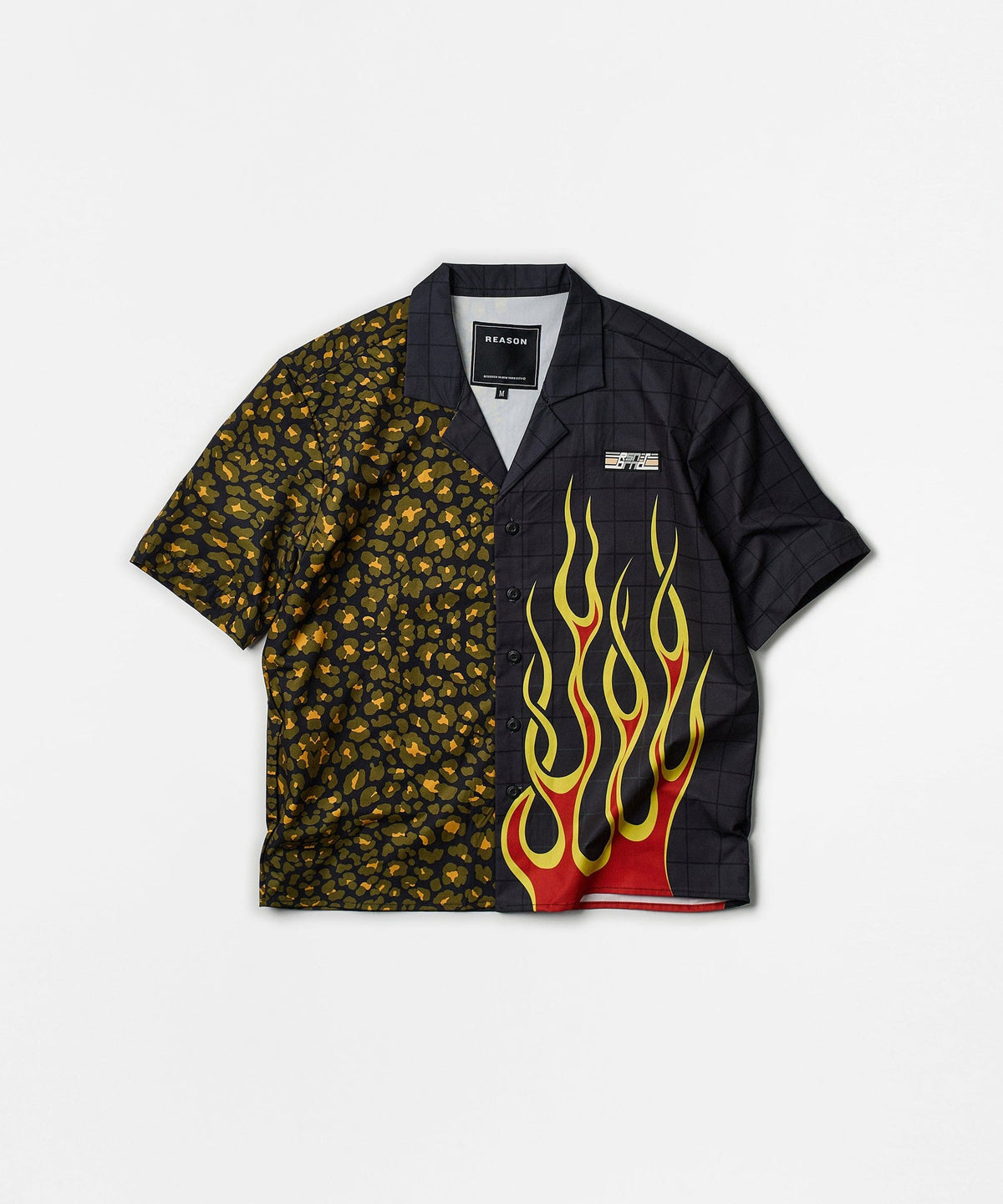 Cheetah And Flames Split Woven Short Sleeve Shirt