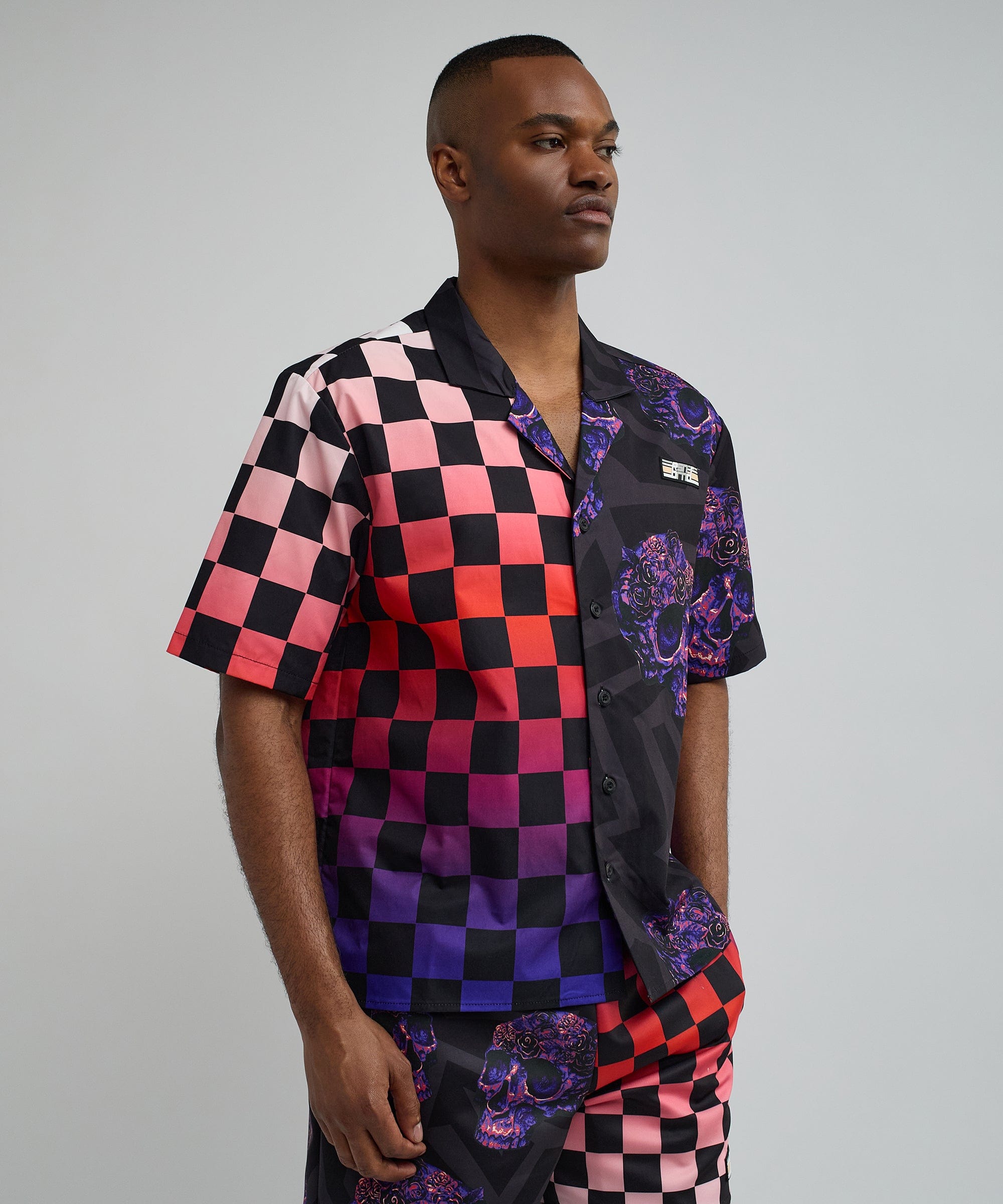 Checkers And Skulls Split Woven Short Sleeve Shirt