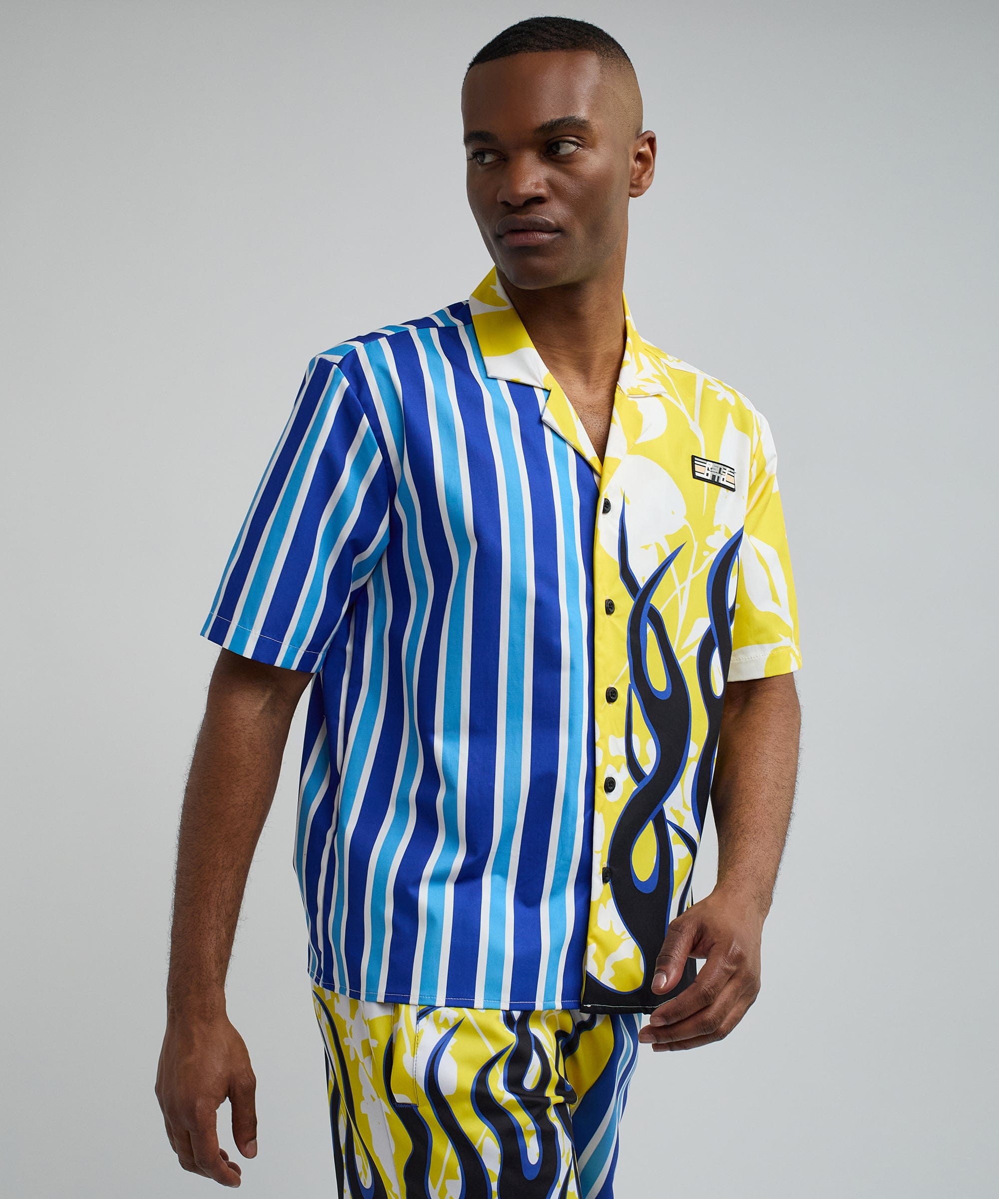 Stripes And Flames Split Short Sleeve Shirt