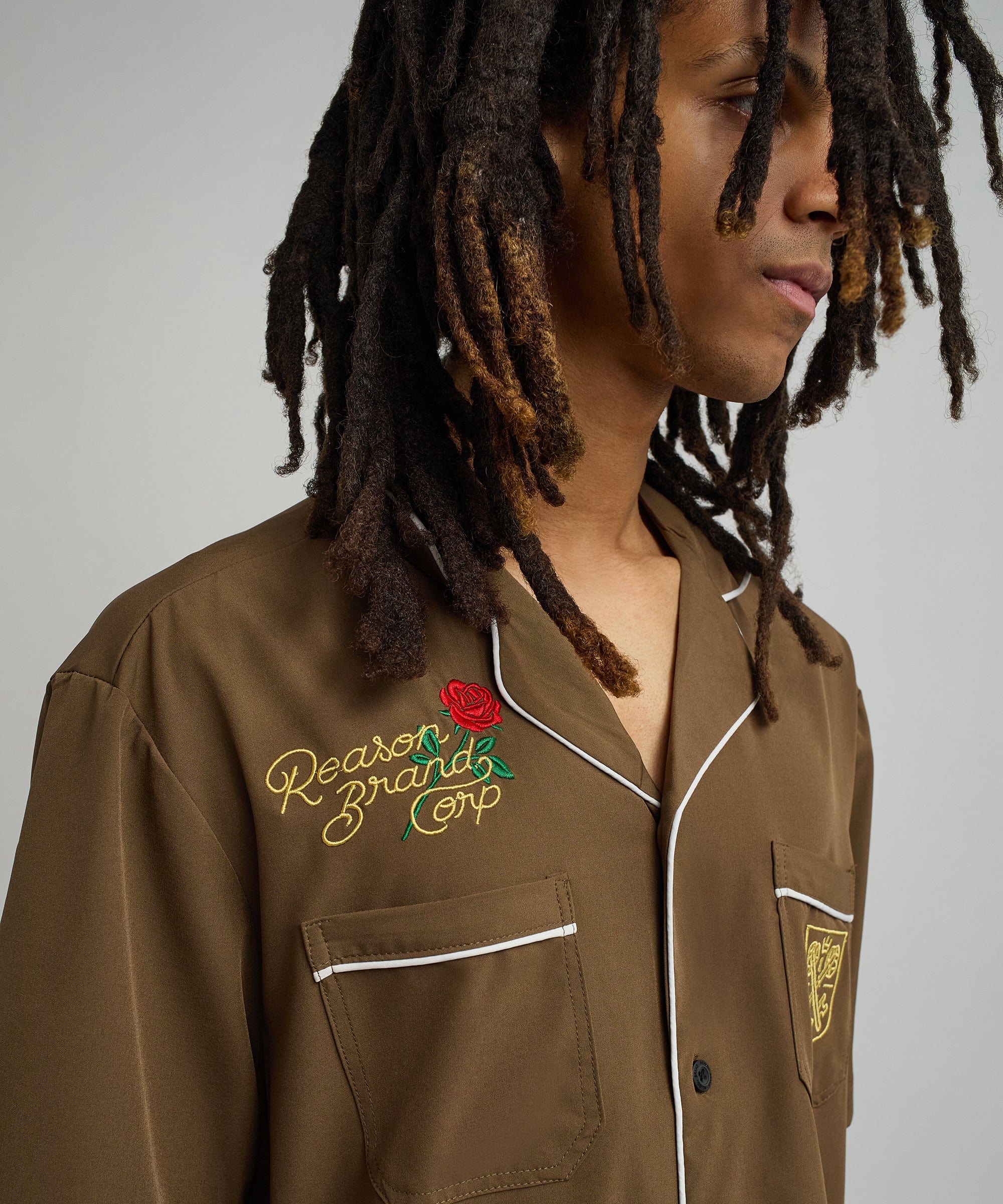 Clubmaster Short Sleeve Embroidered Button Down Shirt - Brown