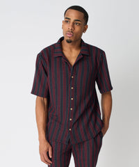 Jacquard Knit Short Sleeve Striped Button Down Shirt - Black