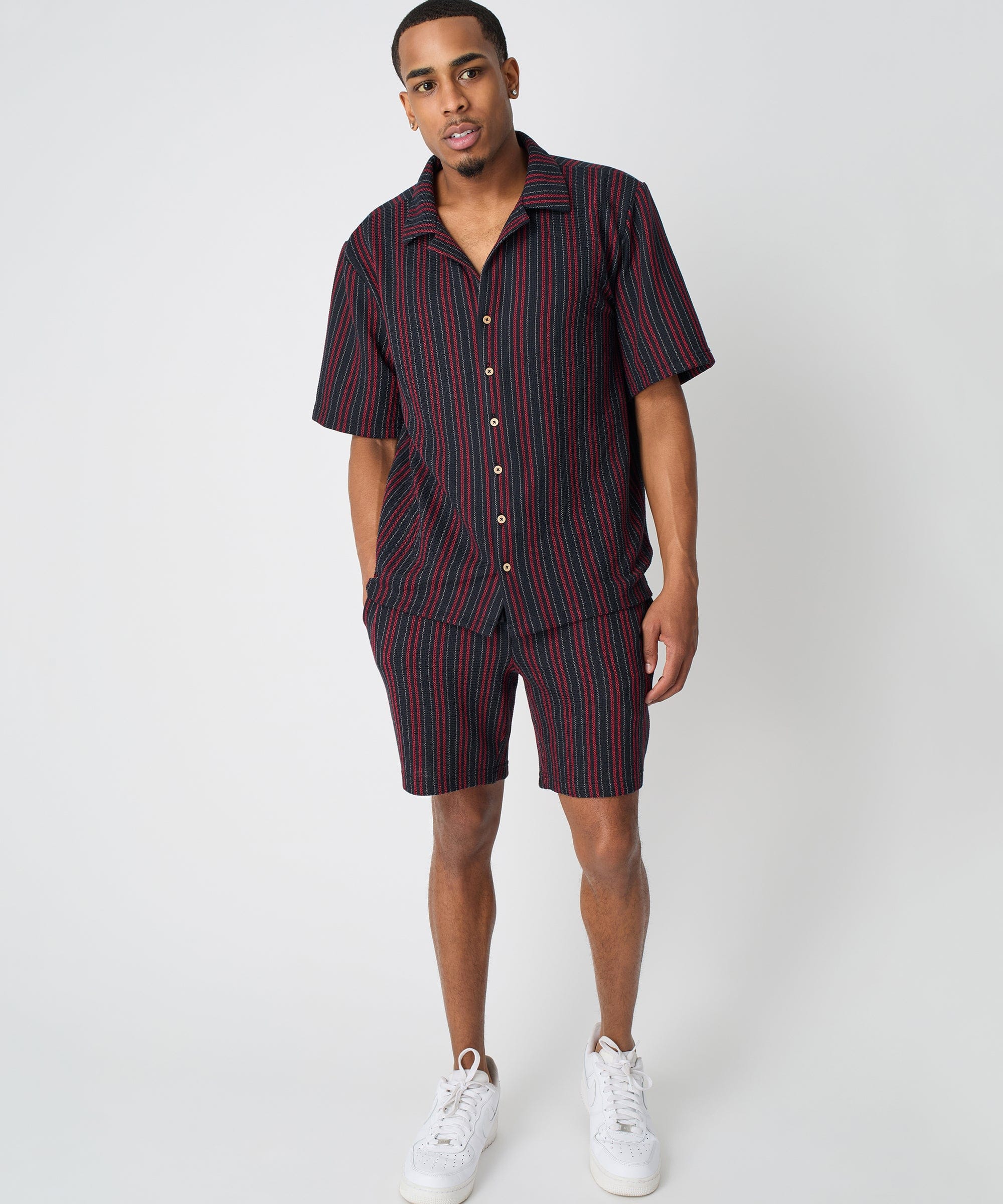 Jacquard Knit Short Sleeve Striped Button Down Shirt - Black