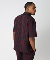 Jacquard Knit Short Sleeve Striped Button Down Shirt - Black